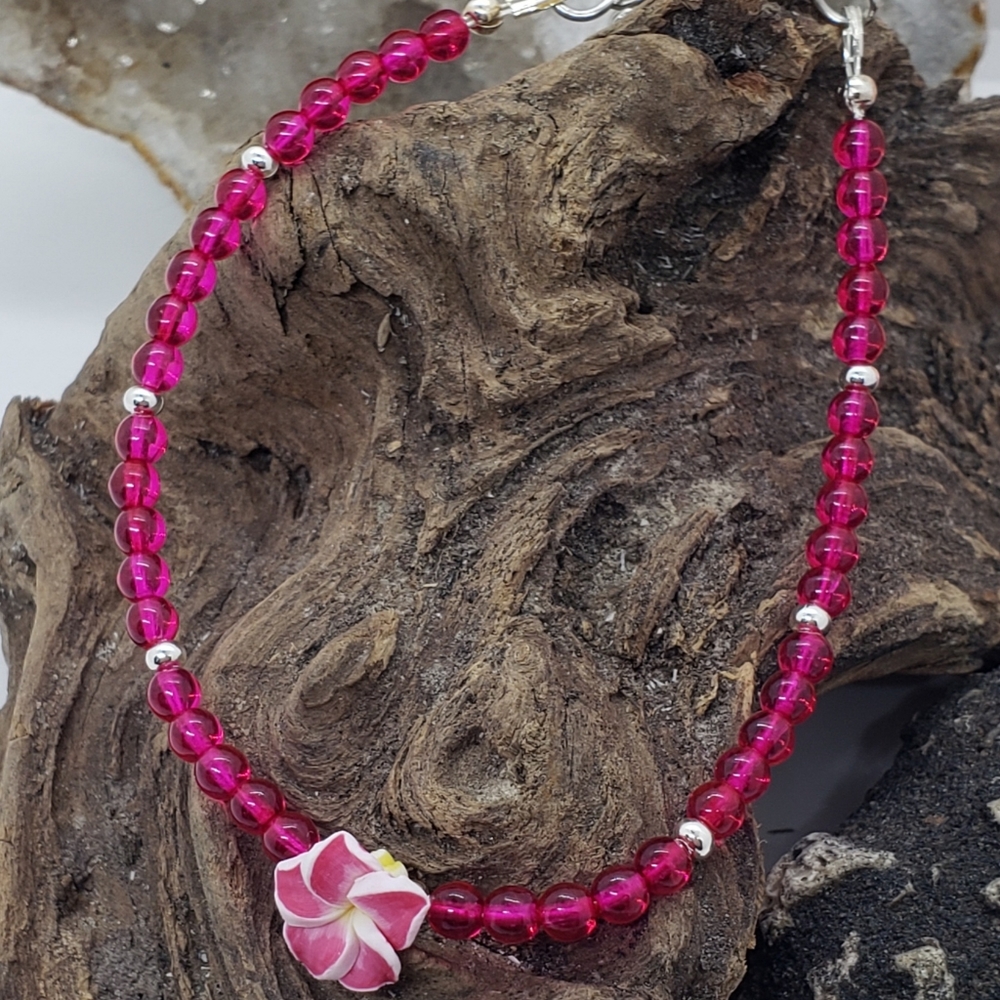 Pink Floral Glass Bead Anklet .925